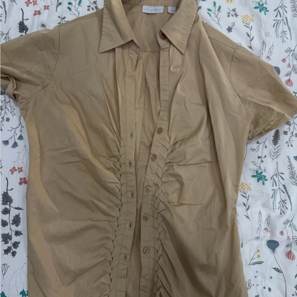 New York & Company Tan Button Down Shirt with Ruched Details